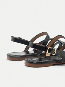 CUCCOO CURVES 女士平底宽幅凉鞋，纯黑色多带波西米亚度假海滩休闲珍珠装饰人字凉鞋