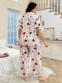 CottageSlumber Große Größen Pyjama-Set mit Herz-Muster und Kontrastbesatz, offene Vorderseite mit Kerb-Kragen