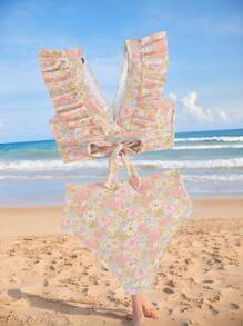 Swim Mod Summer Vacation V-Neck Floral Ruffle High Waisted Bikini Set - Multicolor - View 7