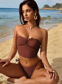 夏季女士性感抹胸比基尼套装 - 棕色 - 查看 4