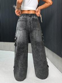 SHEIN PETITE 女式 Y2k 牛仔裤，休闲宽松阔腿牛仔裤，带星星拼布，阔腿裤，返校服装，7 月 4 日服装，蓝色宽松牛仔裤，蓝色 - 黑色 - 查看 2