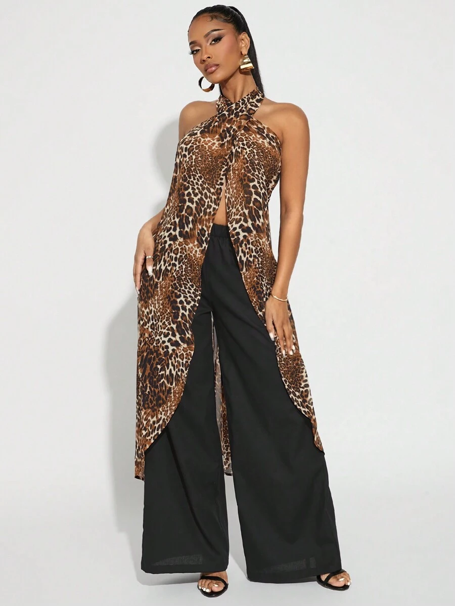 SHEIN SXY 2 pièces/Set Tenue bohème sexy dos nu : Top en mousseline de soie imprimé léopard ultra-long + Pantalon large en lin noir, convient pour les sorties décontractées et les trajets de bureau, printemps/été