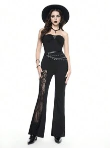 ROMWE Goth Mono de mujer sexy y ceñido con parches de encaje, corte en la cintura y vuelo para estilizar la figura