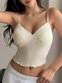 DAZY Floral Ruffle Trim Camisole Top With Built-In Padded Bra - Beige - View 3