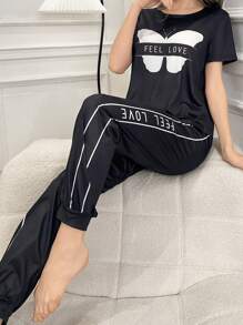 蝴蝶印花休闲睡衣，女式短袖上衣和抽绳长裤套装 - 黑色 - 查看 7