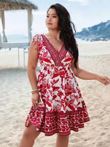 SHEIN VCAY Summer Beach Shoulders Tunnel Drawstring Plus Size Boho Striped & Flower Print Ruffle Hem Woman Dress, Beach Outfits For Woman Beach Vacation Outfits, Spring Outfits For Women, Summer Outfits For Women, Graphic Outfits Women, Concert Outfit Women, Rave Outfits Festival - Red - View 4