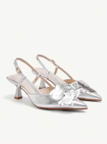 CUCCOO CHICEST Women's 3D Floral Pointed Toe Stiletto Heel Mid Heel Classy Romantic Elegant Classic Gold Faux Leather Ladies Peep Toe High Heels For Dates & Formal Events Spring Shoes Spring Break Easter Prom Heels