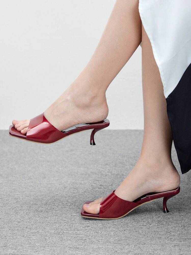 CUCCOO BIZCHIC Sandálias de Vestido Bordô com Tira no Tornozelo, Salto Gatinho e Bico Quadrado em TPU, Adequadas para Sair, Dia dos Namorados, Looks de Primavera