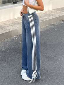 SHEIN Teen Girl Y2K Fashion Side-Stripe Bowknot Baggy Loose Fit Vintage Casual Denim Straight Leg Jeans With Slanted Pockets, Spring Summer Break - Medium Wash - View 4