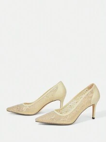 CUCCOO HITCHD 女士水钻蕾丝尖头细高跟中跟优雅闪亮淑女高跟鞋，香槟色/黄色蕾丝网眼婚礼新娘高跟鞋，适合婚礼、派对、约会之夜、优雅装扮 - 杏色 - 查看 9