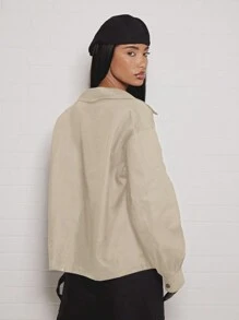 SUMWON WOMEN Premium Utility Shacket Oversized Cotton Blend Workwear Spring Autumn Lightweight Casual Zip-Up Outerwear With StAnd Collar Modern Urban Style