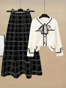 Franclia 2pcs/Set Women Elegant French Style Wool Blend Cardigan Sweater And Plaid A-Line Midi Skirt Outfit, Casual Business Attire With Bow Decor