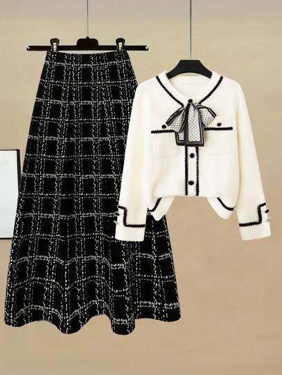 Franclia 2pcs/Set Women Elegant French Style Wool Blend Cardigan Sweater And Plaid A-Line Midi Skirt Outfit, Casual Business Attire With Bow Decor Fall Winter Cloth For Women