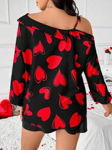 Celure Damen Große Größen Bluse mit Herzprint, Langarm, Schulterausschnitt, Modisch, Valentinstag