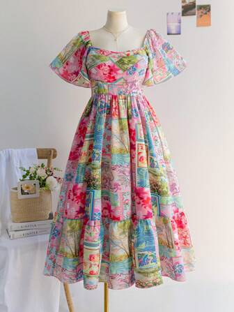 Soleia 大码女式春季多色格子印花方领荷叶边袖撞色后背拼接长裙，度假风格