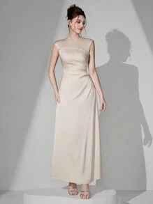 Poshira 女士优雅奢华缎面褶皱腰正式舞会礼服、婚礼宾客礼服、派对礼服、舞会礼服