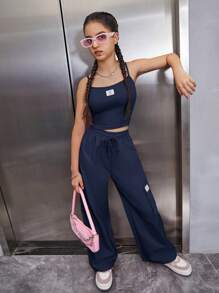 SHEIN Teen Girls Solid Color Sports Top And Pants Set - Navy Blue - View 3