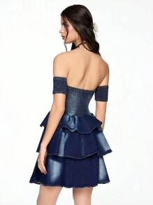 ROMWE Fairycore Women's Sexy Off Shoulder Ruffle Hem Denim Slip Dress