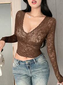 DAZY Blusa de encaje marrón con tonos de café, primavera/verano