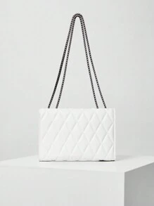 1件极简时尚压纹水钻格纹方形包，翻盖锁扣开合，金属链条单肩包，适合女士日常休闲使用，圣诞节冬季圣诞礼物 - 白色 - 查看 3