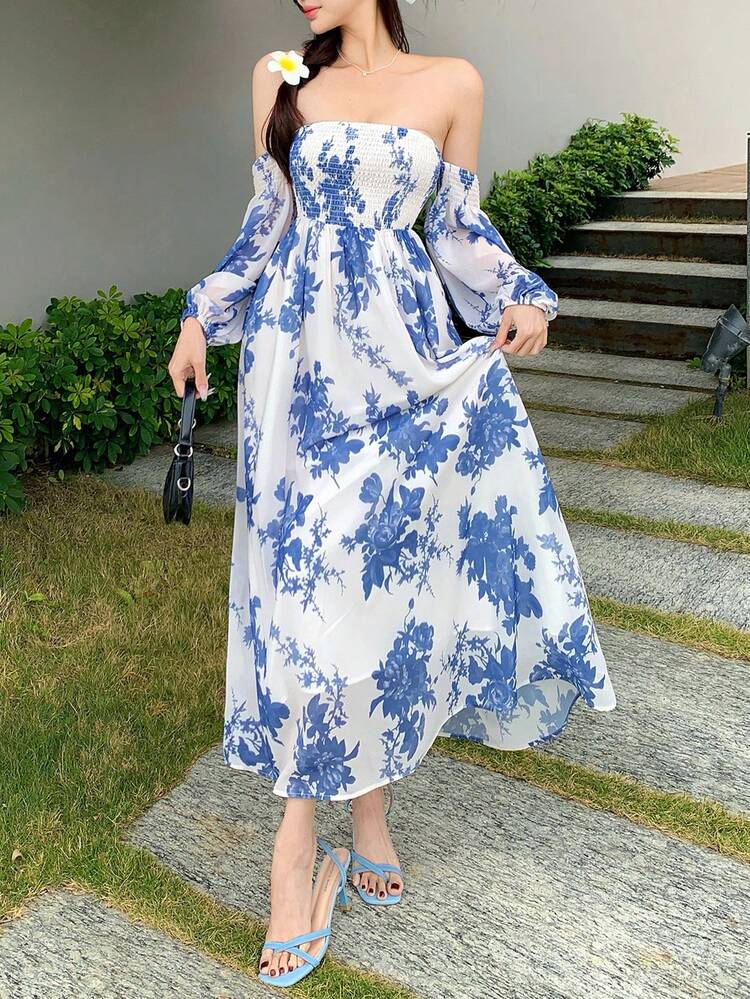 Women's Casual Ditsy Floral One Piece Off Shoulder Vacation Dress Boho