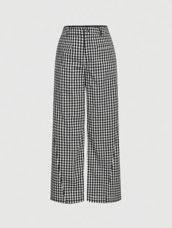 SHEIN MOD Pantalon droit grande taille à carreaux noirs et blancs, casual et pour le port quotidien