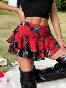Chiquease 玫瑰印花荷叶边下摆浪漫迷你短裙短裤，情人节的理想之选 - 彩色 - 查看 6