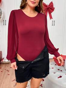 SHEIN Essnce Conjunto de atuendo de mujer talla grande para primavera y verano, apropiado para el Día de San Valentín, cumpleaños, fiestas, vacaciones de Mardi Gras y uso diario. Elegante body con mangas de gasa transparente en color rojo