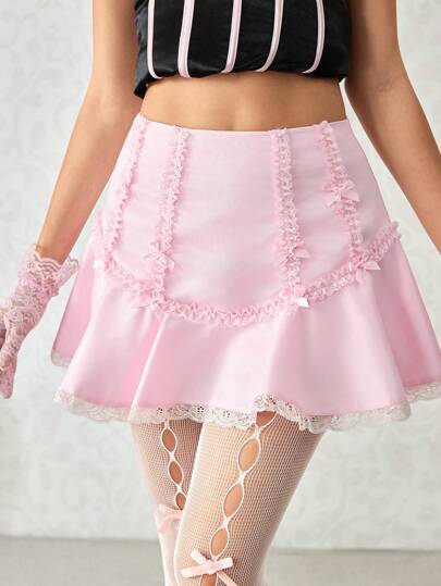 Kawaii Women's Vintage Palace Style Lace Trim Bow Satin Skirt
