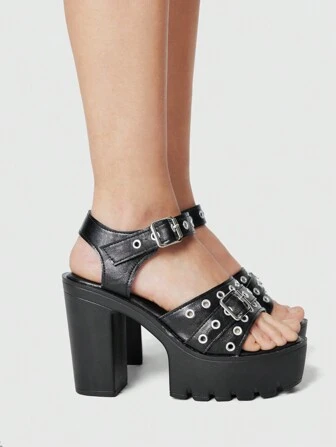 Grunge Punk Sandalias de tacón grueso con tiras con tachuelas y punta descubierta, zapatos de verano para vestir, trabajar o eventos formales, estilo gótico, rock y punk para mujeres