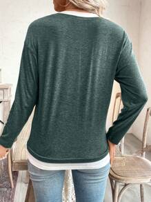 SHEIN LUNE Áo thun cổ tròn màu tương phản mới dành cho nữ, áo thun họa tiết 2 trong 1 dành cho nữ - màu xanh lá - Xem 2