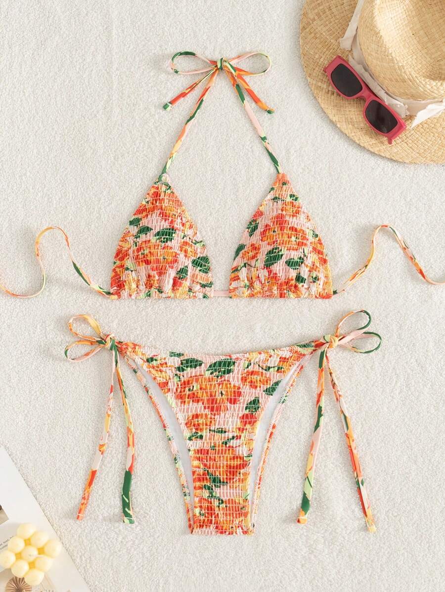 SHEIN Swim Strandoutfit für Damen 2-teilig, Sommer Zufallsdruck Trapez Bikini-Top und Bikinihose mit Seitenbindung Bademode-Set