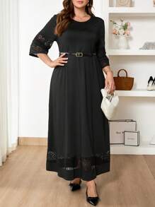 SHEIN Frenchy Plus Size Round Neck 3/4 Sleeve Lace Patchwork Long Dress - Black - View 6
