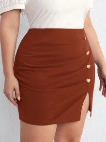SHEIN Privé Jupe moulante avec fente, ornée de cœurs, de couleur unie, pour grande taille, style décontracté