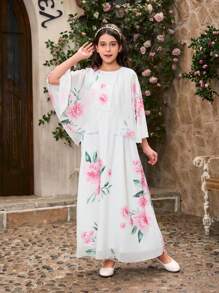 SHEIN 青春期前女孩米色优雅花卉印花雪纺连衣裙，简约而时尚 - 米色 - 查看 6