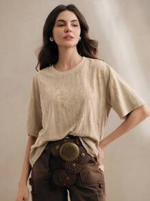 Anewsta Modern Elegant Casual Round Neck Knitted Textured Loose T-Shirt Tops, Going Out Summer Outfits For Women - Khaki - View 5