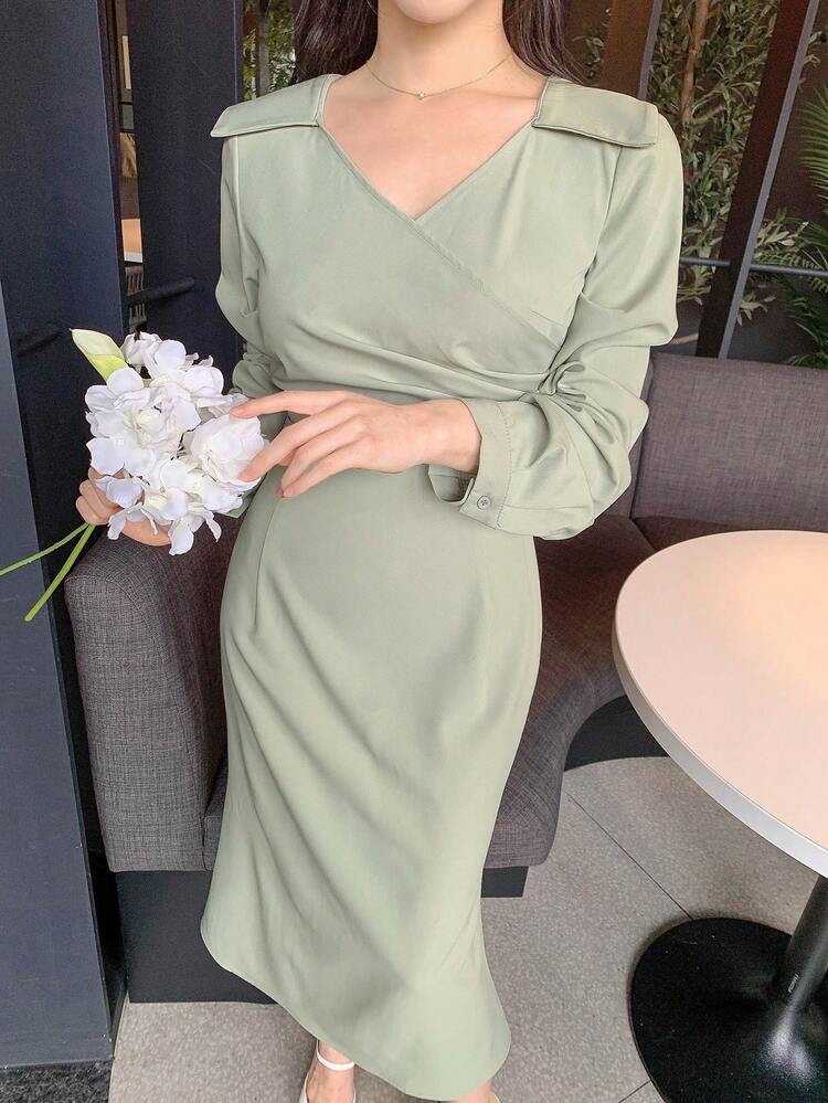 V-Neck Solid Color Ruched Peplum Midi Dress For Women,Fall Dress Long Sleeve Dress