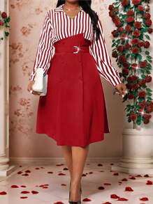 SHEIN Lady Autumn And Winter Casual Black Woven Flared Belted Shirt Dress Midi Long Sleeve Plus Size Dresses Business Casual Women Halloween Dress Valentine's Day Valentines Clothes Valentine's Day Dress Valentines Dress Festival Outfits For Women Valentine's Day Outfit Women