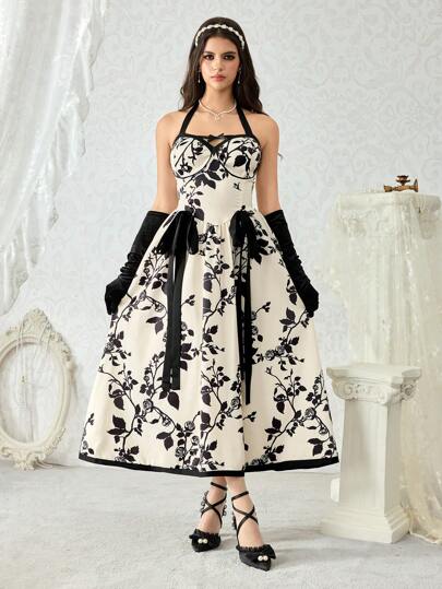 Kawaii Retro Palace Style Rose Floral Printed Maxi Neck Dress For Tea Party Outfit