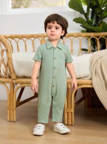 Cozy Pixies Baby Boy Simple Solid Knit Soft Casual Lapel Button-Front Long Sleeve Romper With Pants, Versatile For Summer