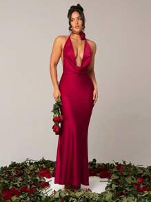 Silquee Robe élégante, sexy et romantique pour une soirée, col drapé en satin Top de gamme avec fleurs 3D pour femmes - Rouge - Voir 6