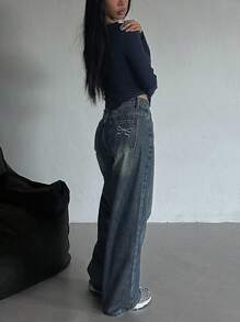 DAZY Women's Bow Embroidery Baggy Jeans - Medium Wash - View 3