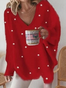 Damen Lässig Pullover mit Perlen Dekor, Herbst/Winter