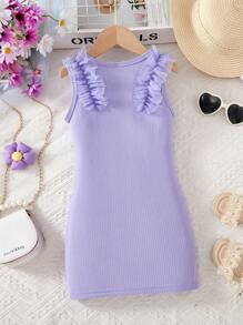 Young Girls Cute Lively 2 Pieces Set, Tulle Trim Crew Neck Straight Lavender Dress, Casual Daily Sibling/Matching Outfits (2 Pieces Sold Separately), Spring/Summer - Baby Blue - View 2