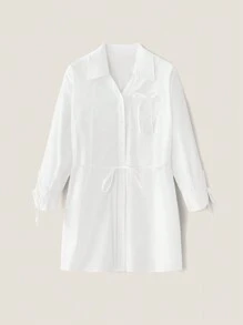 Muvela Damen Weißes Lässig/Business Einfarbiges Hemdkleid mit Schleife Knopfleiste vorne, Schmetterling-Ärmelauschnitt, taillierter Bund, Frühlings- und Sommer-Maxikleid