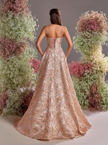 Glamrae Elegant Satin Jacquard Sleeveless Dress With Luxurious Faux Pearl & Rhinestone Chain, High Waist Slimming Side High Slit Super Flared Hem, Adjustable Tie Back, Formal Evening Gown, Wedding Guest Dress, Party Dress - Champagne - View 4