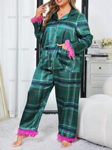 Plus Size Plaid Flannel Pajama Set - Multicolor - View 4