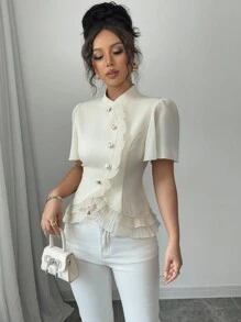 Elenzga Blusa informal de color liso para mujer