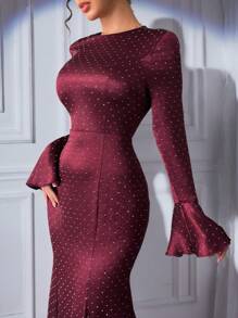 Modelyn Váy dạ hội dài đính đá lấp lánh màu đỏ tươi thanh lịch cho nữ tay loe phong cách Ả Rập - Đỏ - Xem 3