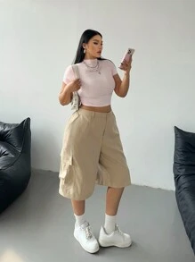 POPSWAY Plus Size Solid Color Casual Minimalist Versatile Sport Wide Loose Academic Flared Zipper Drawstring Cargo Pocket Shorts, Spring/Summer